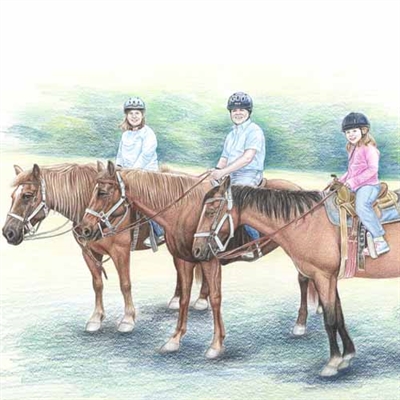 hand-drawn color pencil portrait for family of three riding horses together,by myDaVinci - myDaVinci